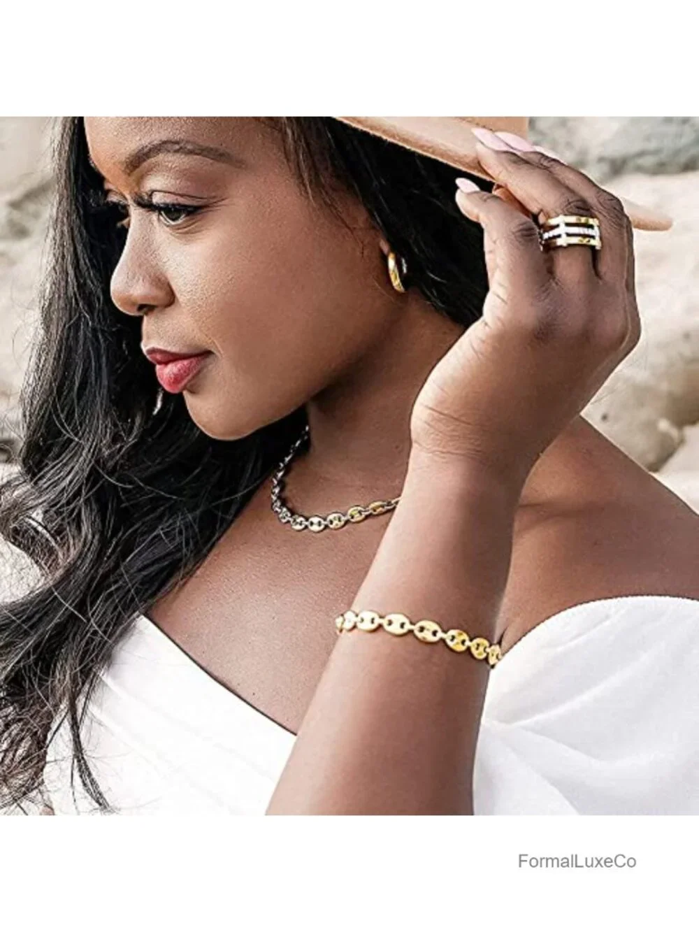 Chunky Square CZ Cocktail Ring Gold Plated Stainless Steel Statement Jewelry